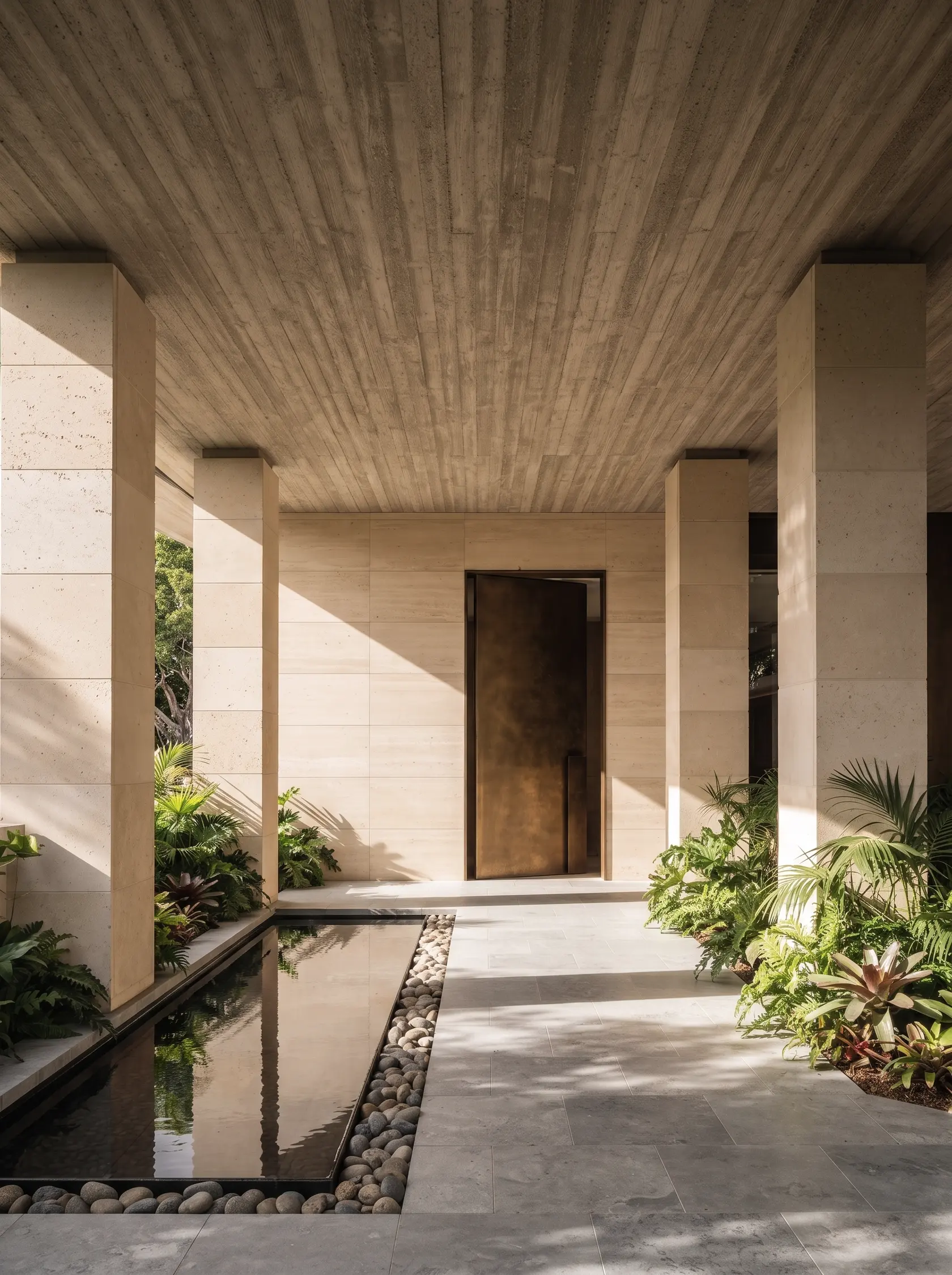 The arrival colonnade: travertine piers, a bronze pivot door and a reflecting pool in the dappled shade of the fig.