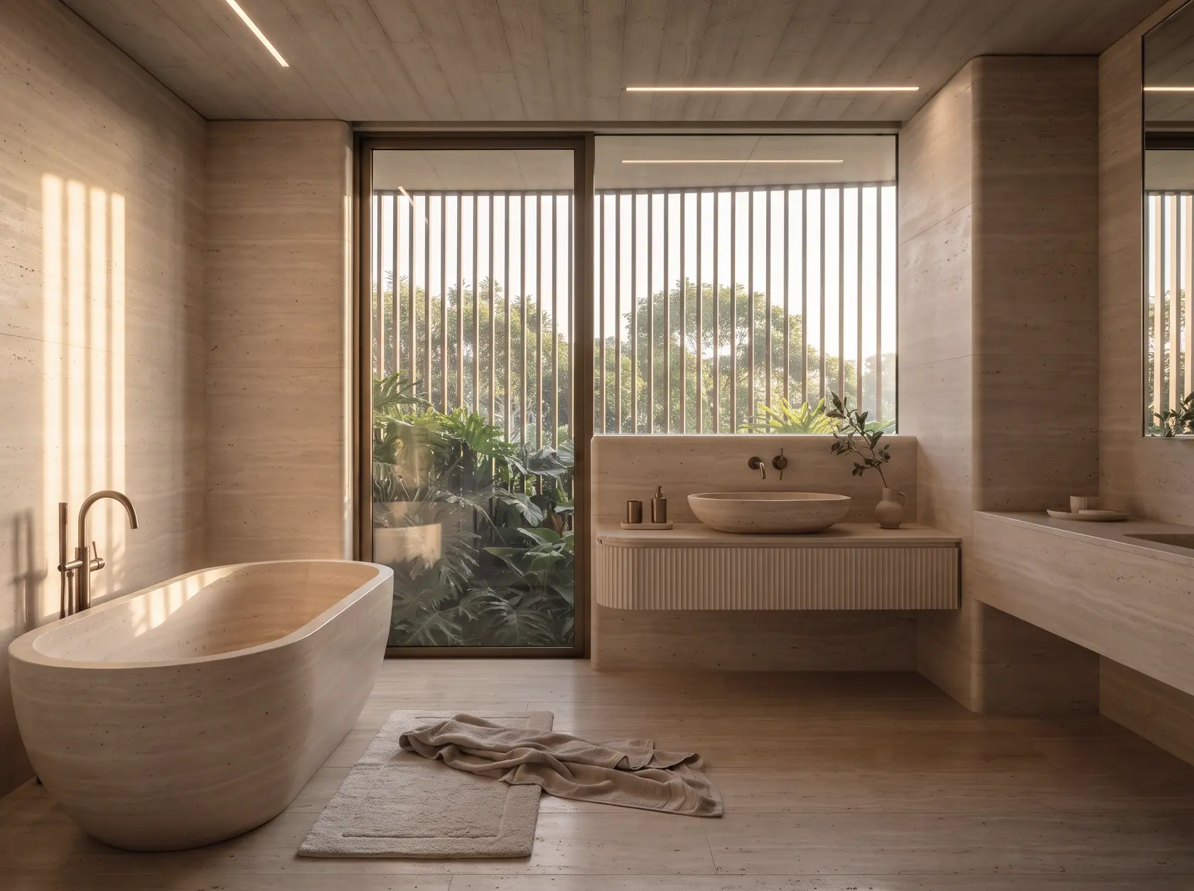 An ensuite in honed travertine with a carved stone bath and basin, bronze tapware and a window screened by bronze battens.