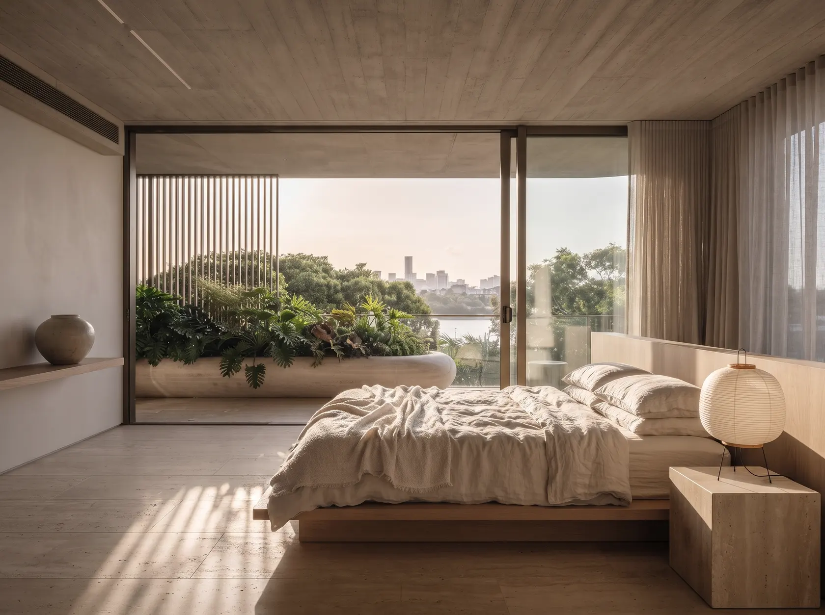A principal bedroom in early light: a low oak bed in rumpled linen, batten shadows across the floor and the river through the planting.