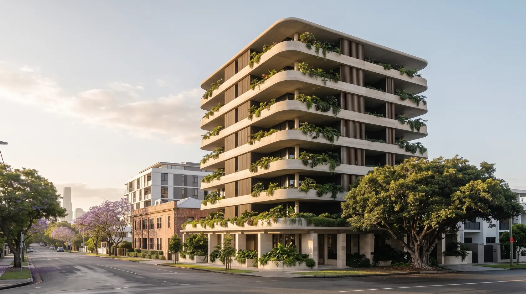 Alder in early morning sun: seven levels of rounded sandstone-coloured slabs above a limestone ground floor, each edged with a planter of trailing subtropical green, rising behind a Moreton Bay fig on a quiet Newstead street.