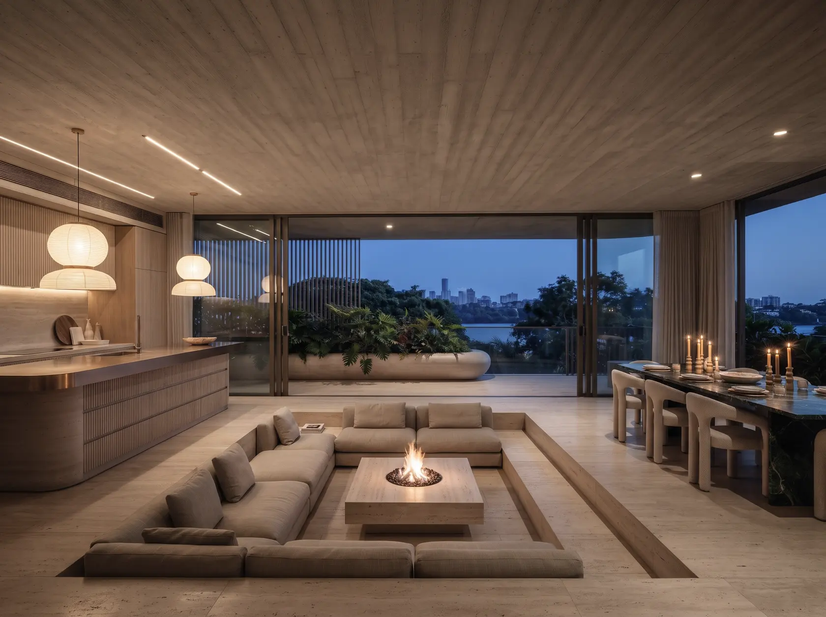 The level seven resident lounge at dusk: linen seating around a travertine fire table, a bronze bar, a green stone dining table set with candles, and the city lights across the river.