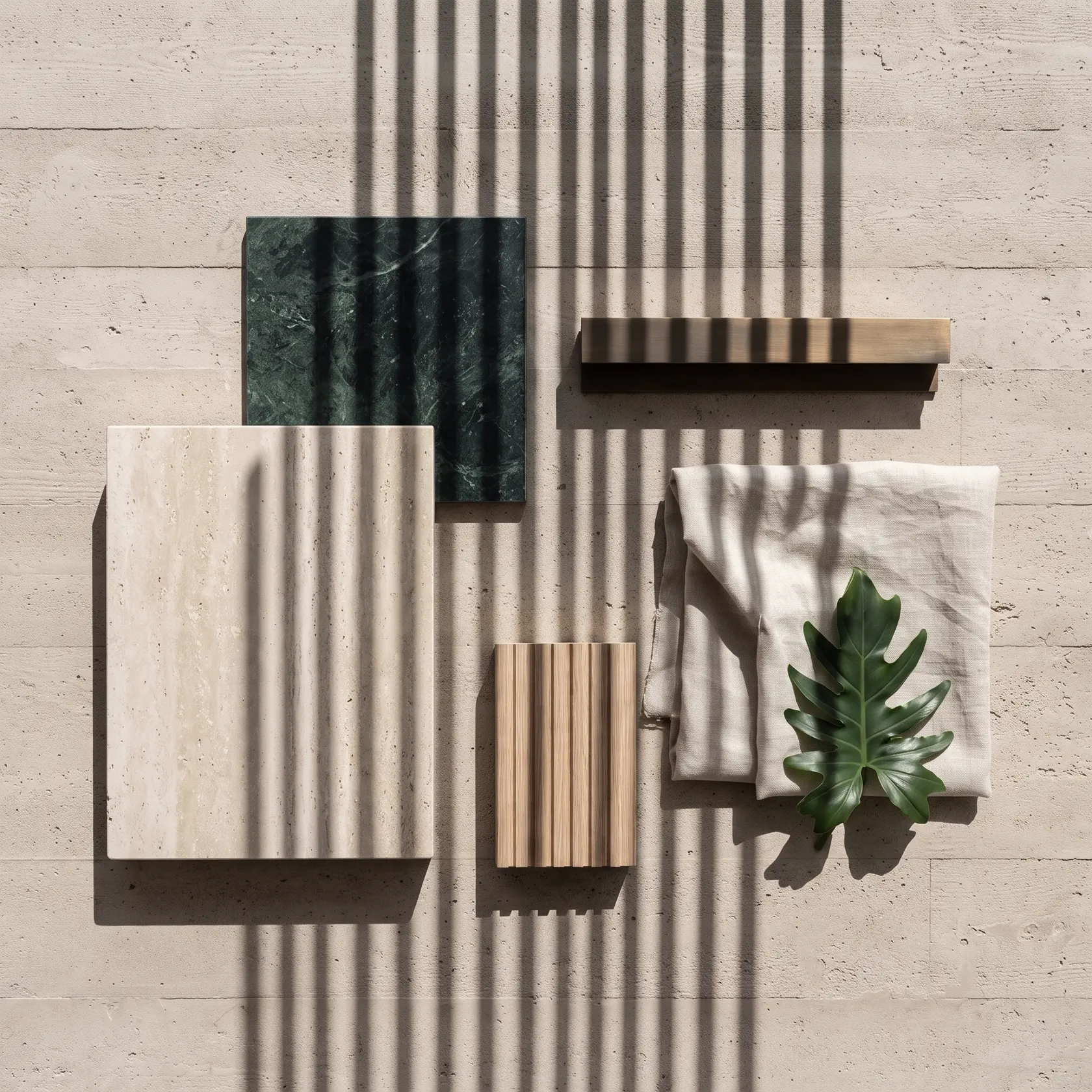 Material samples on board-formed concrete: honed travertine, green verde stone, a bronze bar, fluted oak, a folded linen swatch and a philodendron leaf, crossed by batten shadows.