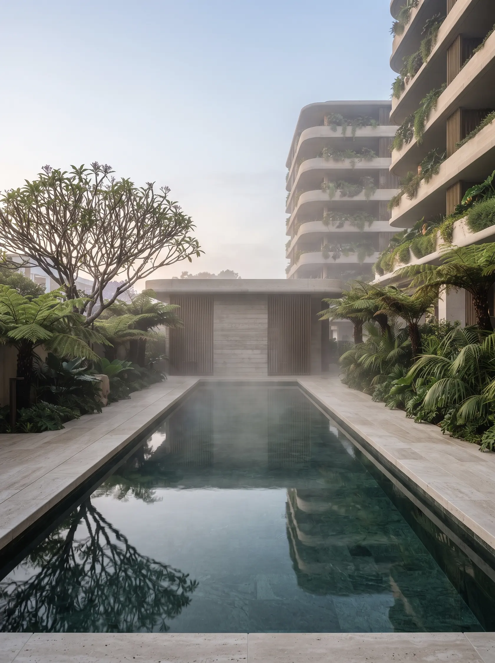 A long, still lap pool lined in dark green stone between palms and tree ferns, a concrete pavilion with bronze battens at the far end.