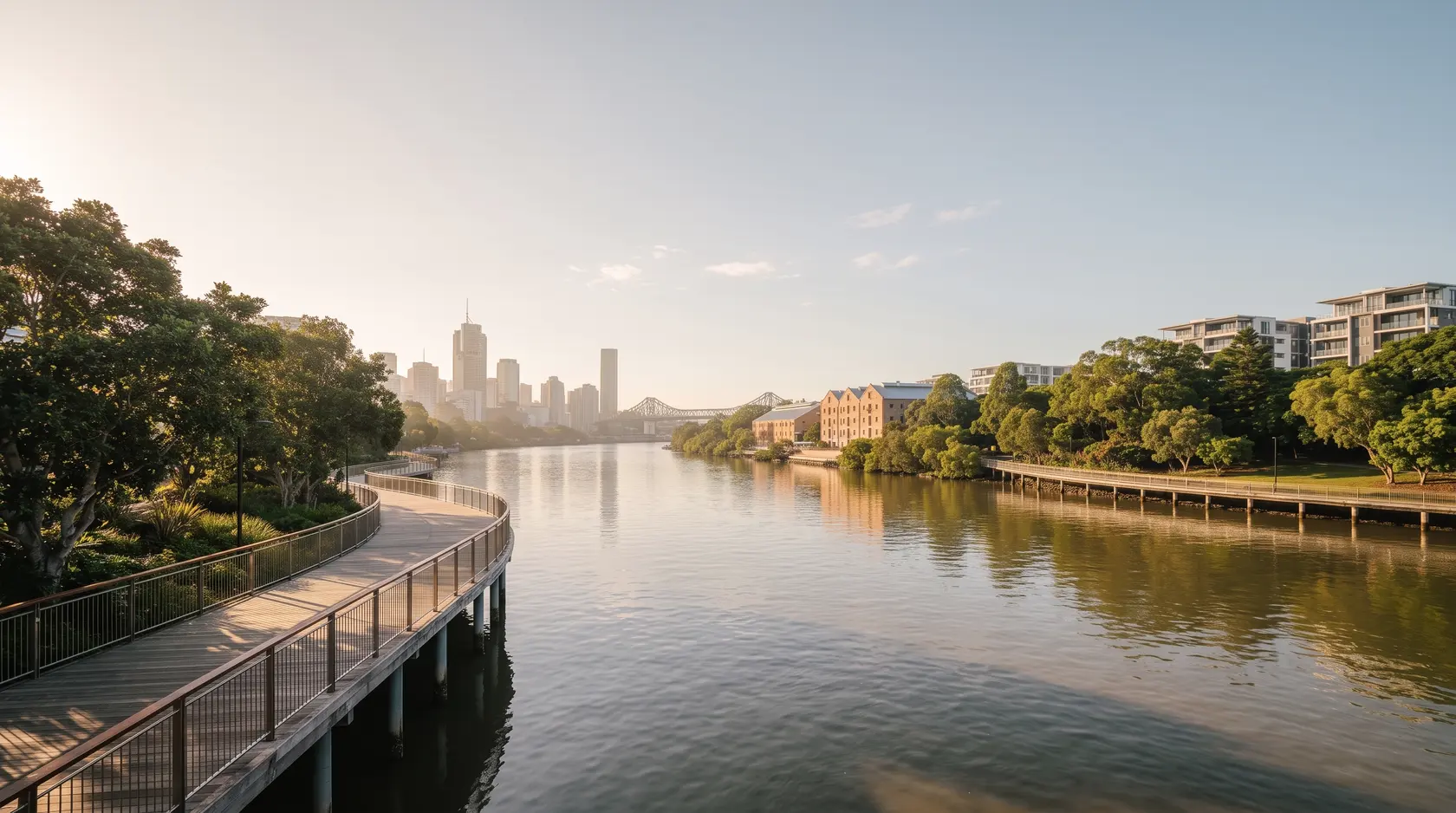 Early sun on the Brisbane River: the riverwalk boardwalk curves along the bank, restored brick woolstores on the far side and the city skyline downstream.