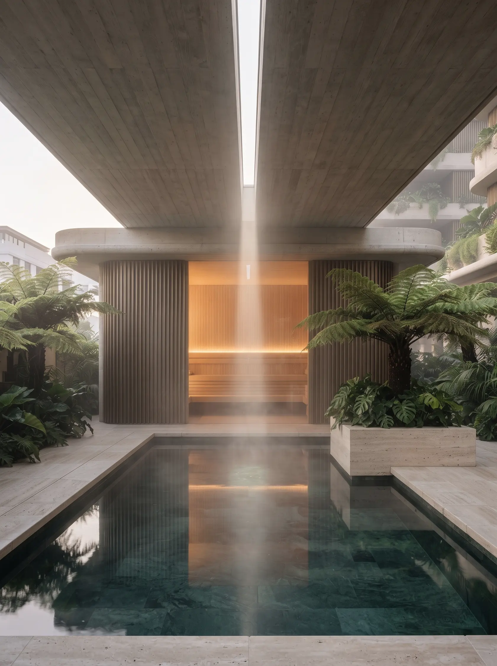 A cold plunge in green stone, steam rising, a timber sauna glowing behind glass and a tree fern under a slot skylight.